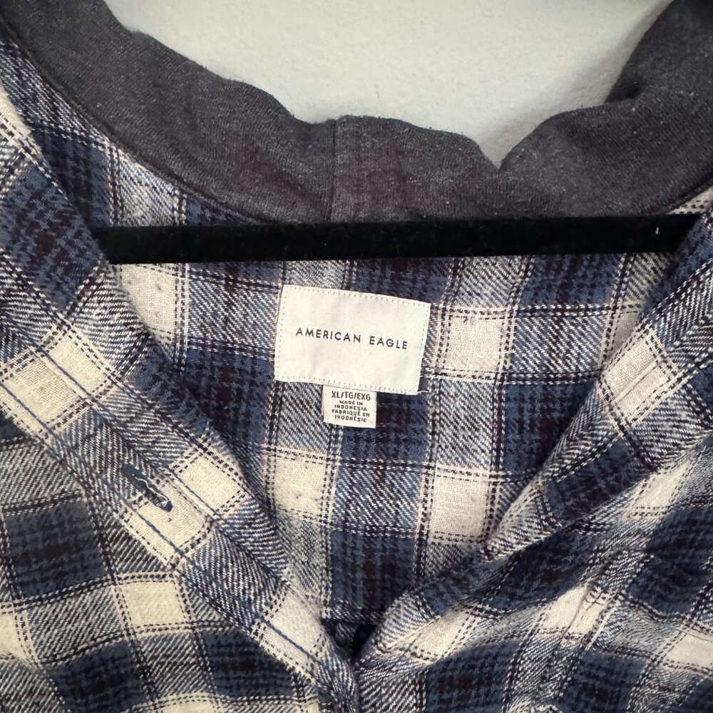 American Eagle Blue Plaid Hooded Flannel Shacket XL Cozy Button Shirt Jacket - Picture 2 of 3